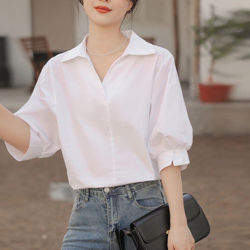 Idle Style Lapel White Shirt Casual V-neck Loose Lantern Sleeve