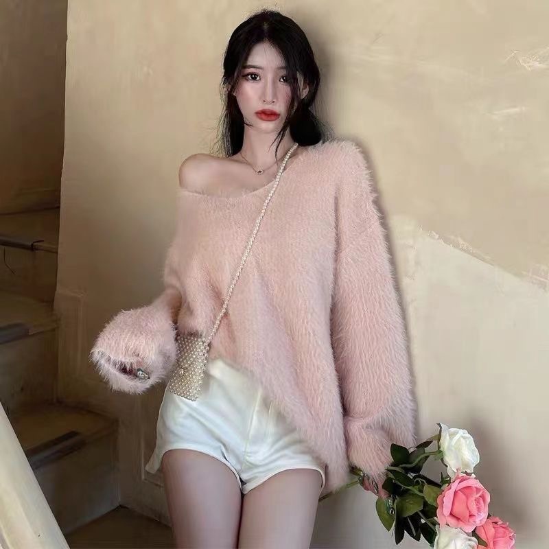 Idle Style V-neck Mink Fur Pullover Women's Mid-length Sweater
