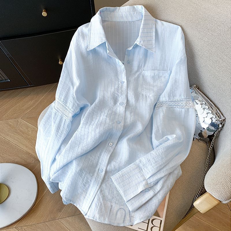 Hollow Lace Design Blue Striped Sun Protection Shirt For Women Summer