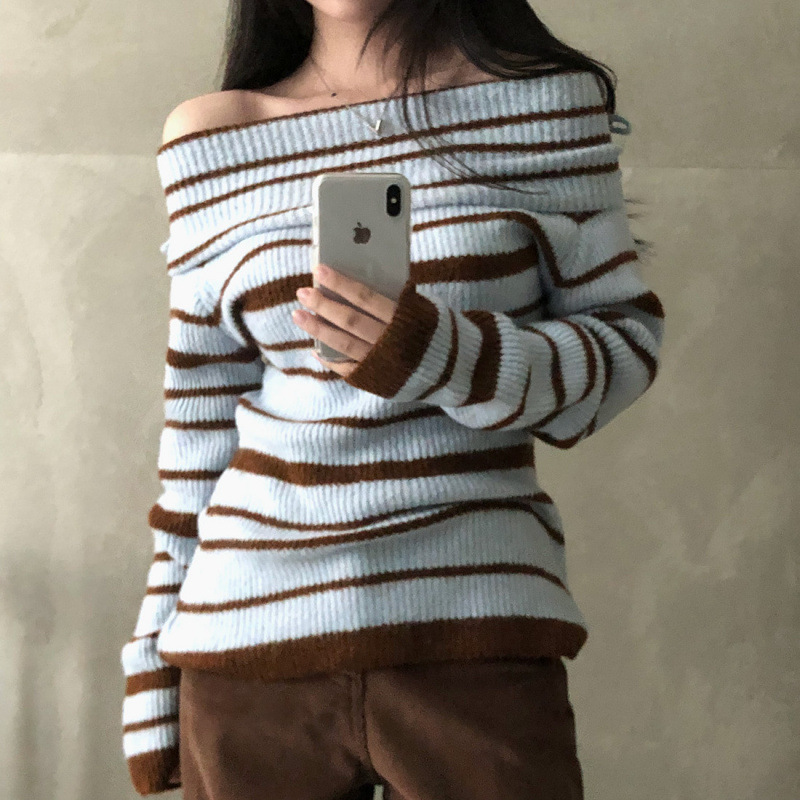 Design Contrast Color Striped Fashionable Bow Lapel Off-shoulder Slim Fit Sweater