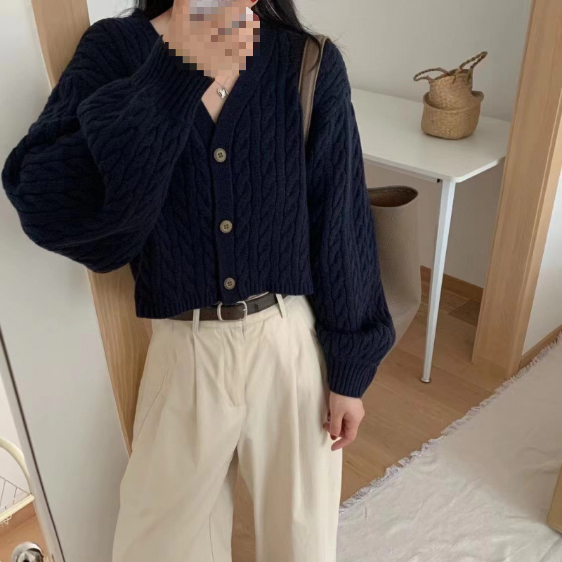 Twist Outer Wear V-neck Sweater Needle Woven Women's Cardigan