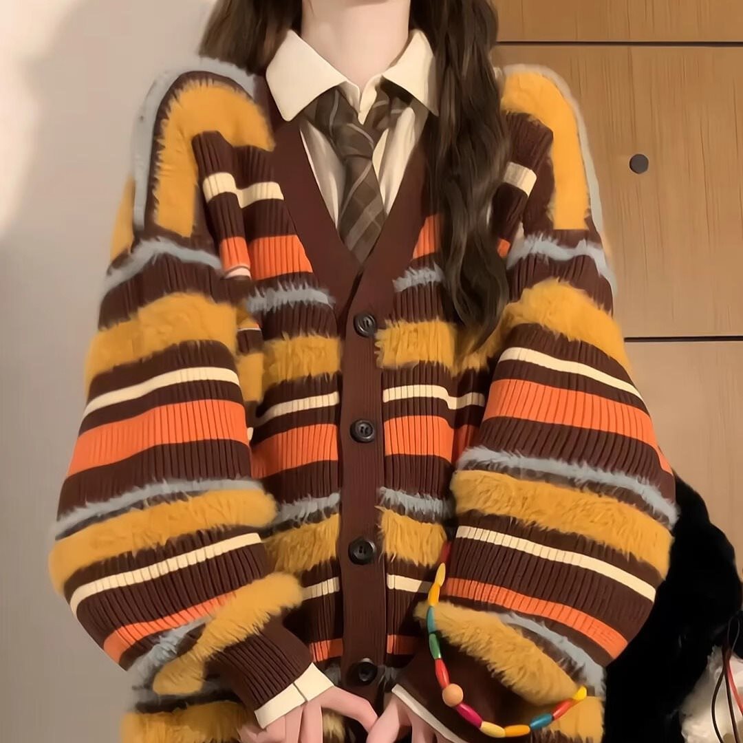 Women's Loose Contrast Color Striped V-neck Sweater Cardigan Coat
