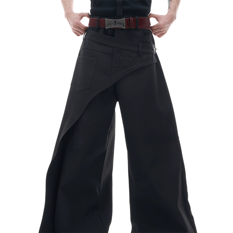 Fake Two-piece Cutting Piece Stitching Metal Buckle Casual Pants