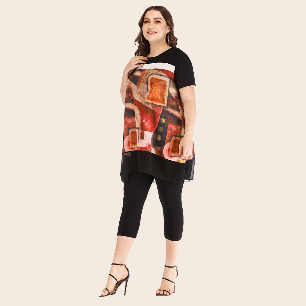 Printing Stitching Casual Two-piece Suit Blouse And Pants