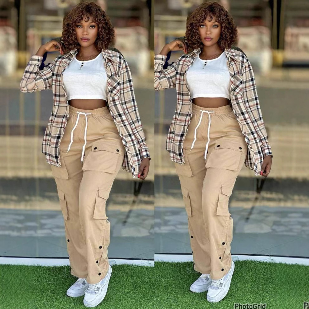 Women's Fashion Casual Simple Plaid Shirt Multi-pocket Cargo Pants Plus Size Three-piece Suit