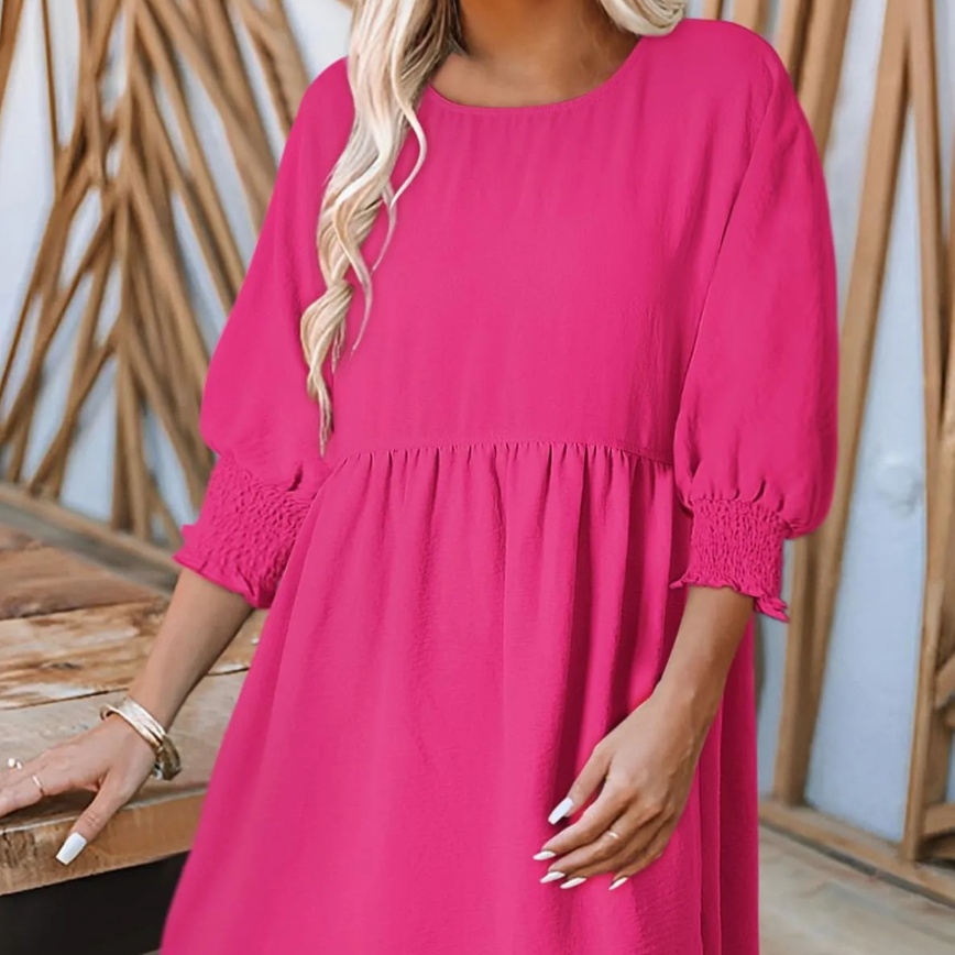 Women's Round Neck Girdle Cuff Pleating Casual Dress