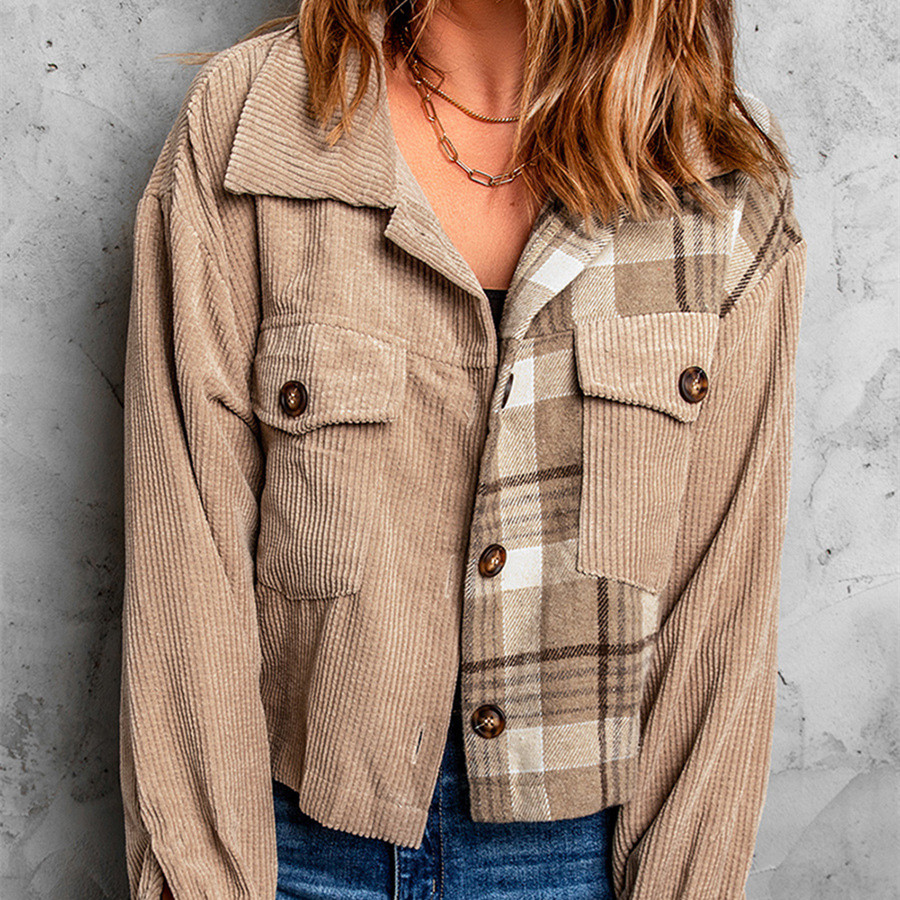 Women's Khaki Plaid Stitching Corduroy Cropped Jacket