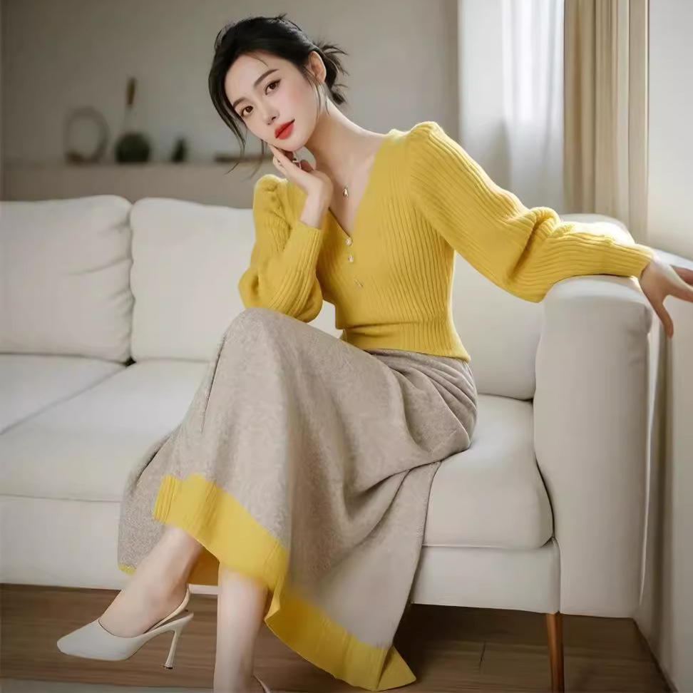 Yellow Long Sleeve V-neck Base Sweater