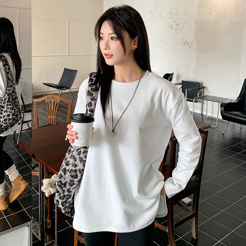 Curved Split Long Sleeve Simple Loose Plus Size Top
