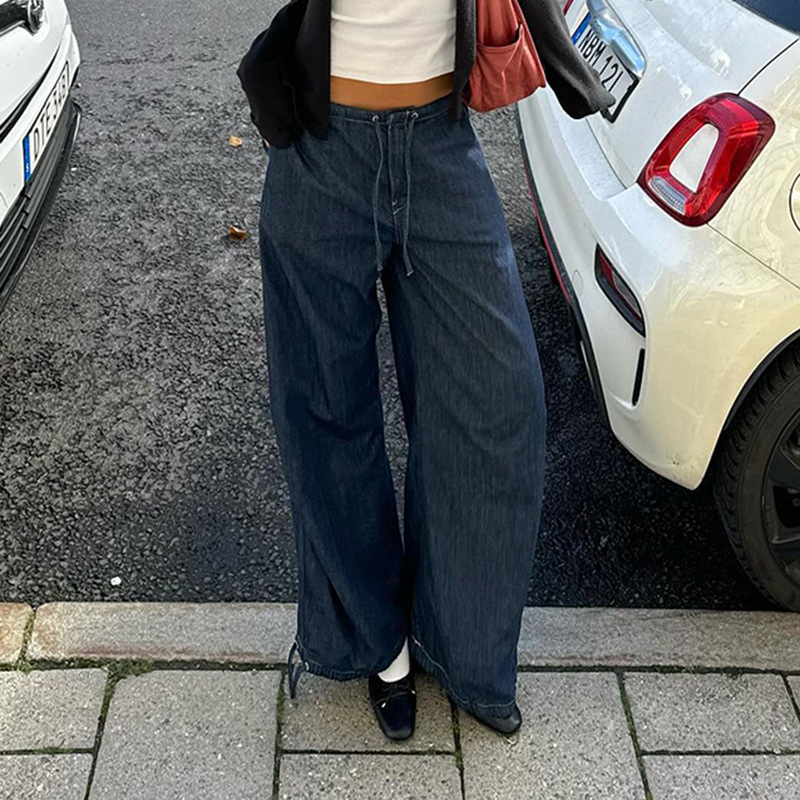 Retro Dark Blue High Waist Lace-up Jeans High Street Wide-leg Casual Pants