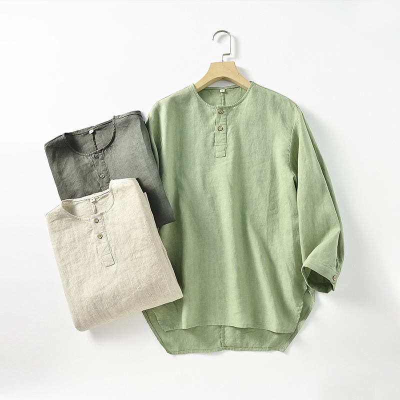 Casual Linen Men's Simple Round Neck 34 Sleeves Linen T-shirt Loose Breathable Top