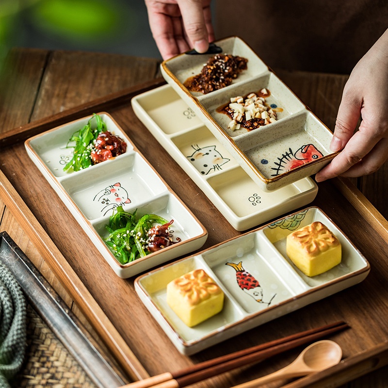 Japanese Three Grid Ceramic Seasoning Dish