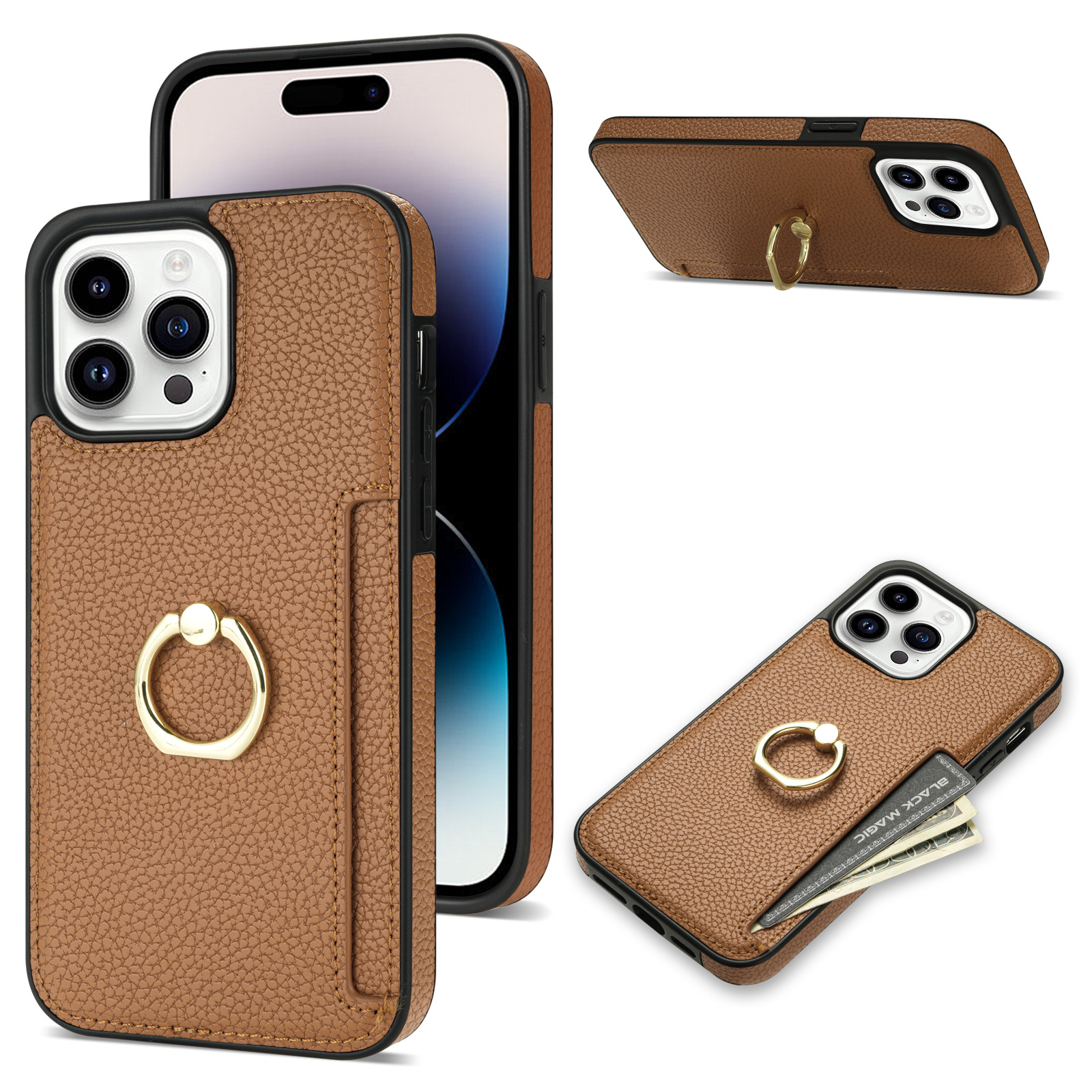 Litchi Pattern Fastened Ring Bracket Card Wallet Anti-fall Shell