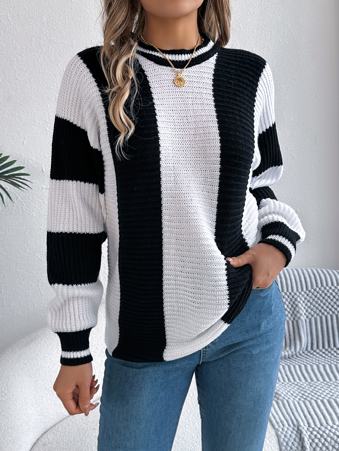 Women Casual Color Block Stripe Lantern Sleeve Pullover Sweater