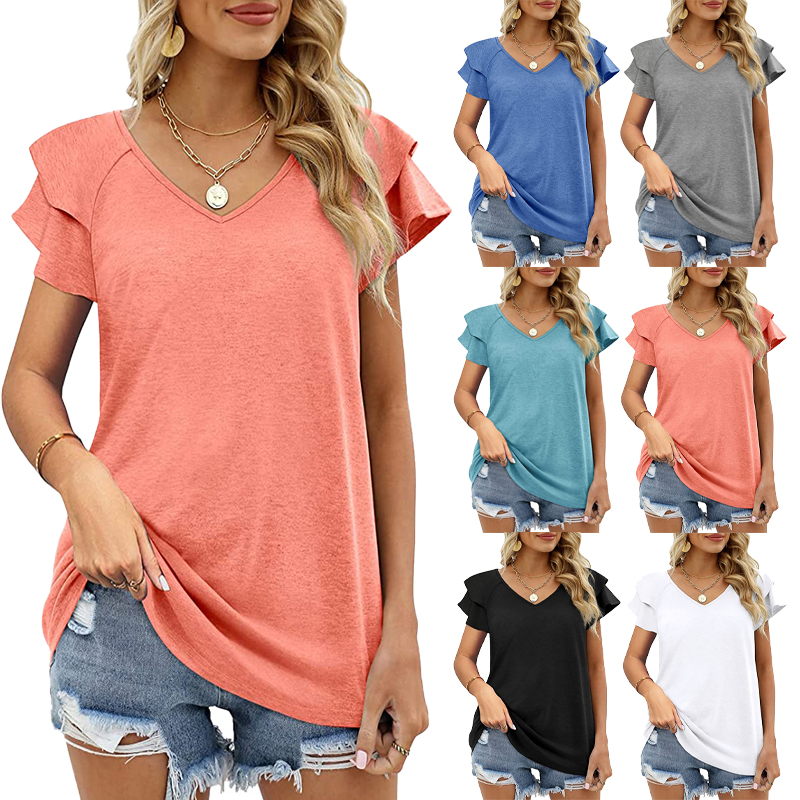 Ruffle Short Sleeve T Shirt Blouses Solid Color Summer Tops Blouse