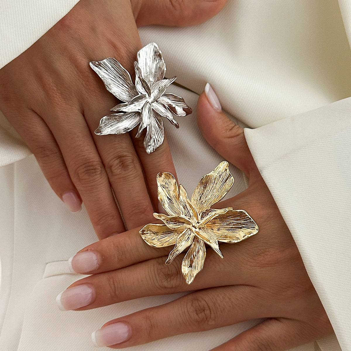 European And American Cross-Border Personalized Five-Petal Flower 3D Floral Open Ring, Bold INS Metal Wrapped Finger Ring