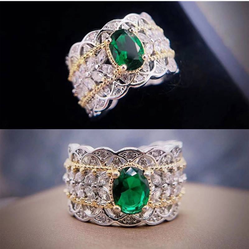 Emerald Pigeon Egg Zircon Open Ring, Vintage Hollow Double Gold Plated INS Style Light Luxury Jewelry