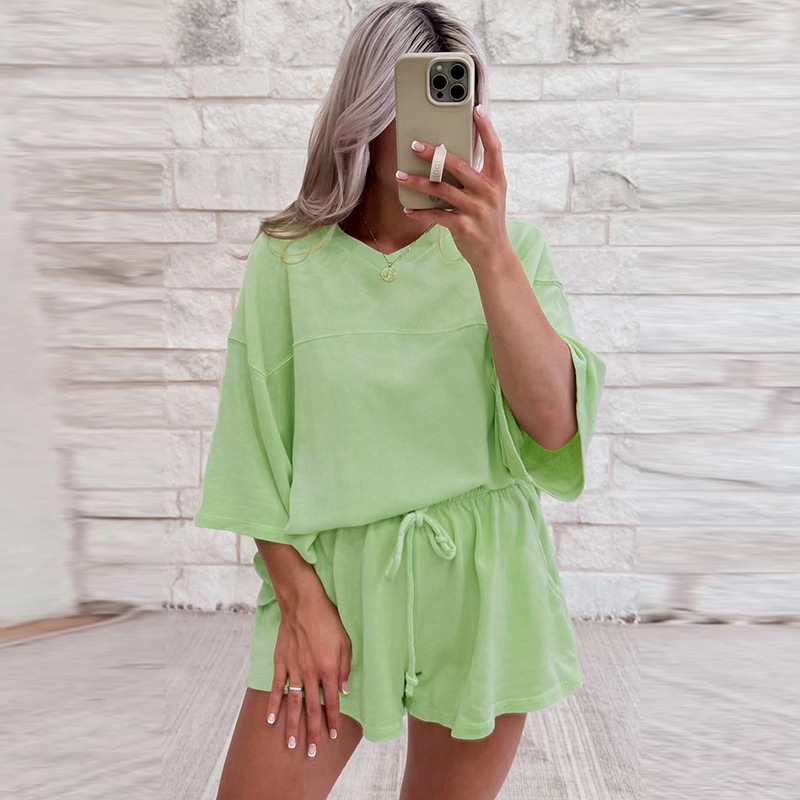 Spring And Summer New Solid Color Short Sleeve Two-piece Set