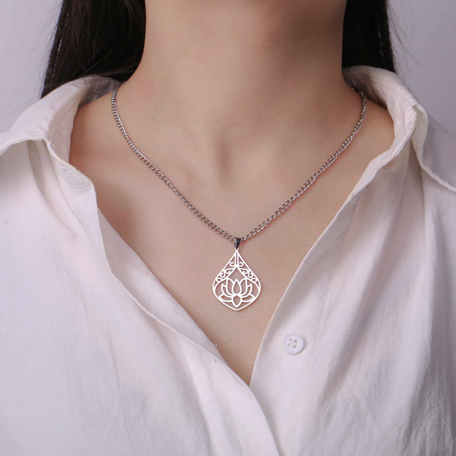 Accessories Titanium Steel Water Drop Shape Lotus Small Pendant Necklace Earrings Bracelet