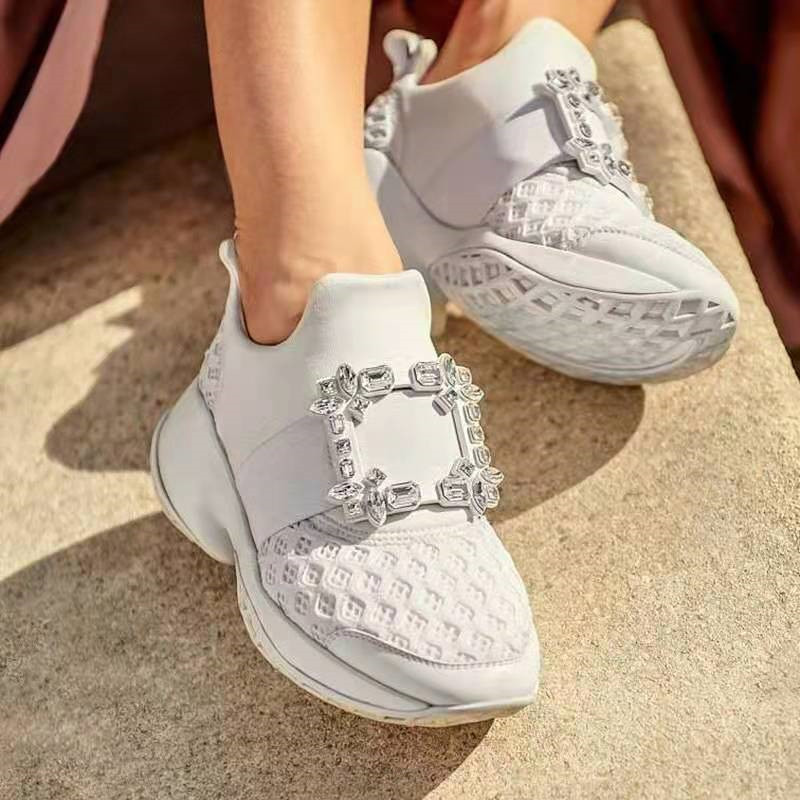 Rhinestone Square Buckle Breathable Mesh Casual Baotou Half Slippers