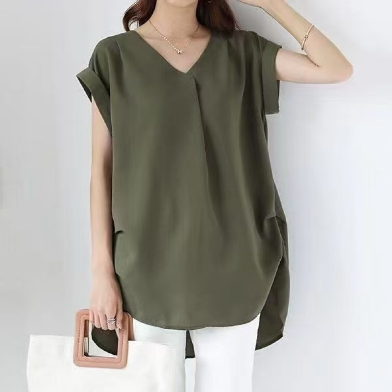 Women's Loose V-neck Short Sleeve Pleated Irregular Stitching Shirt