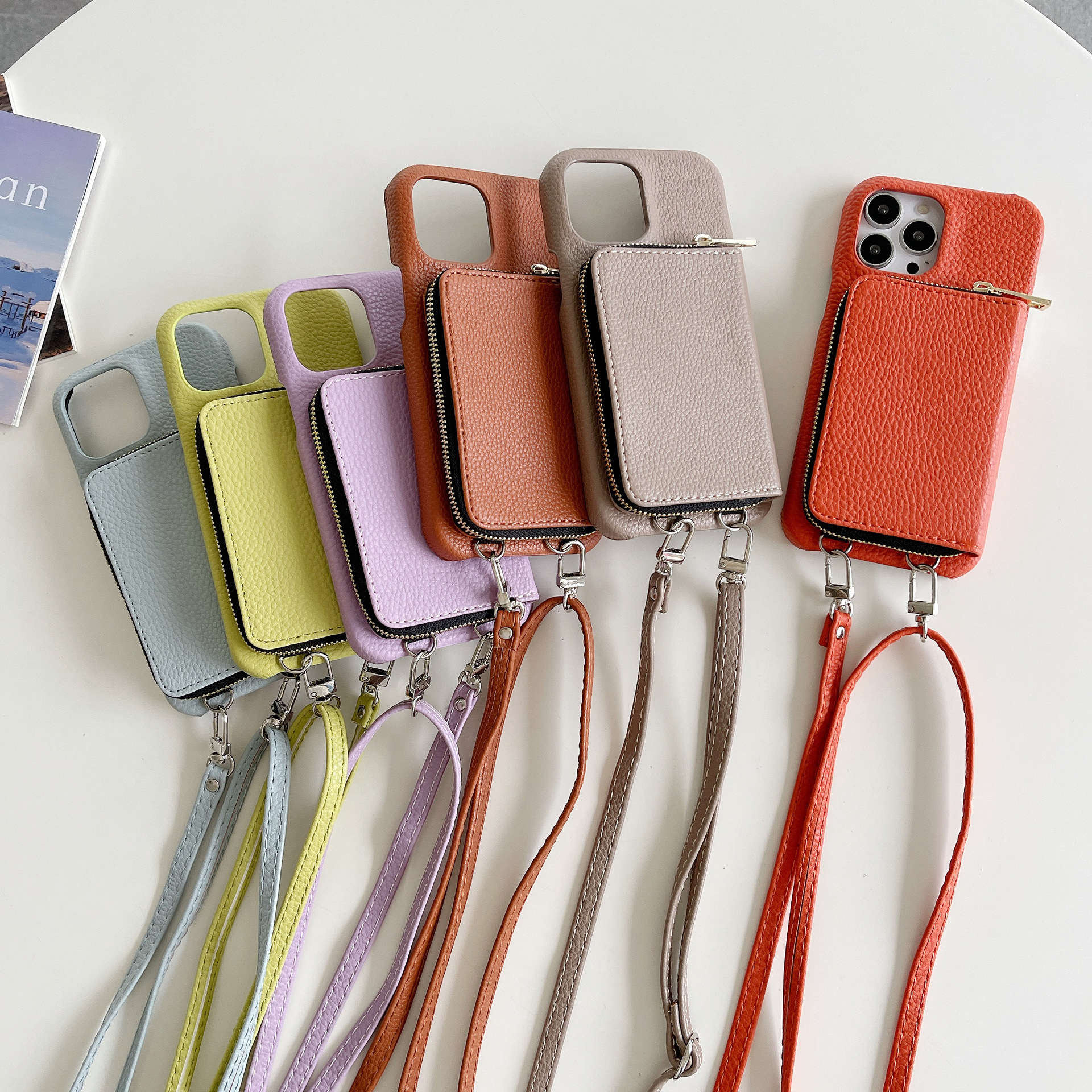 Phone Case Lychee Pattern Protective Cover Zipper Card Holder Lanyard