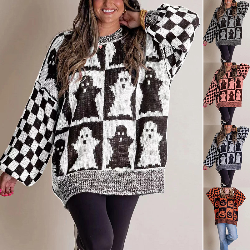 Halloween Cartoon Ghost And Checkerboard Print Pullover Sweater Autumn And Winter Loose Long-sleeved Knitted Tops For Women