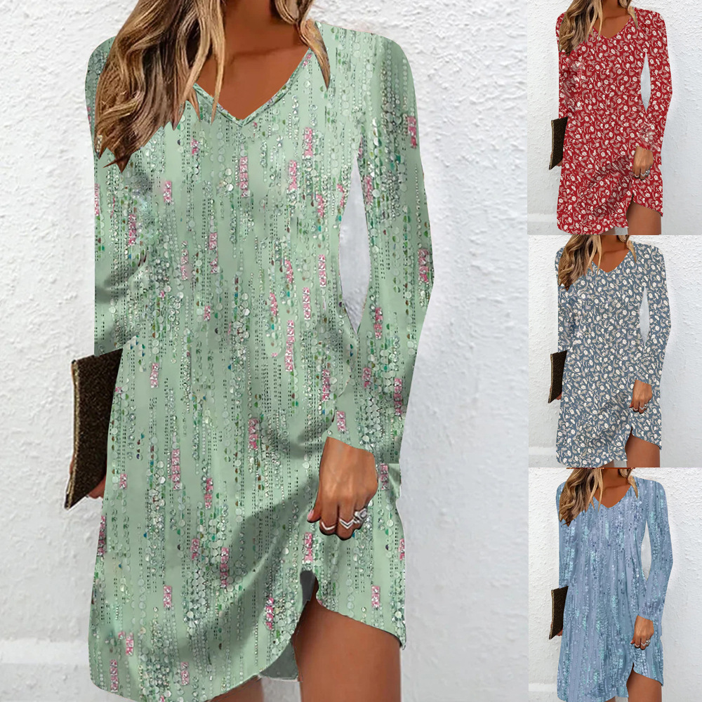 European And American Digital Printing Long Sleeve Dress