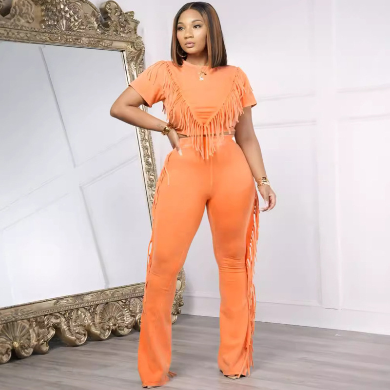 Comfort And Casual Tassel Top Wide Leg Pants Suit Two-piece Set