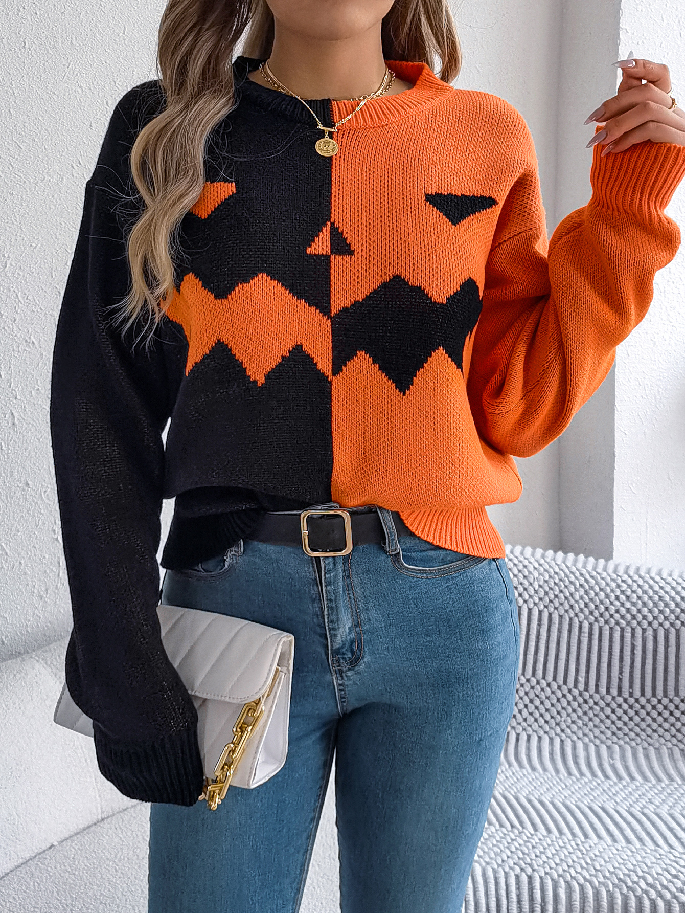 Women Ghost Pumpkin Color Block Long Sleeve Pullover Sweater