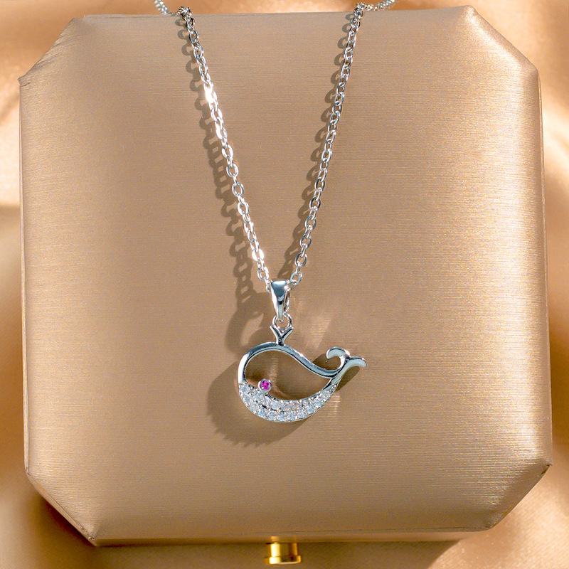 Silver Dancing Whale Micro Inlaid Zircon Titanium Steel Necklace