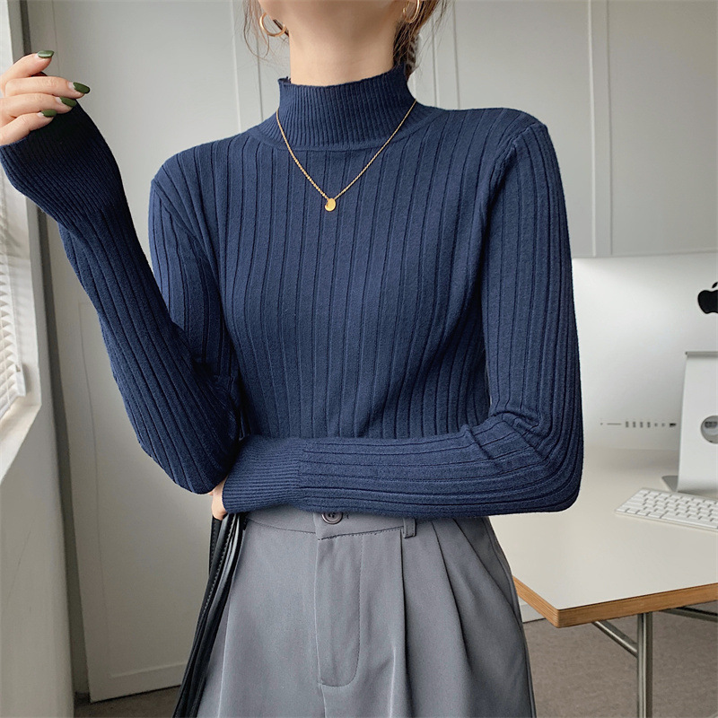 Half-high Collar Long Sleeves Knitted Bottoming Shirt Top For Women