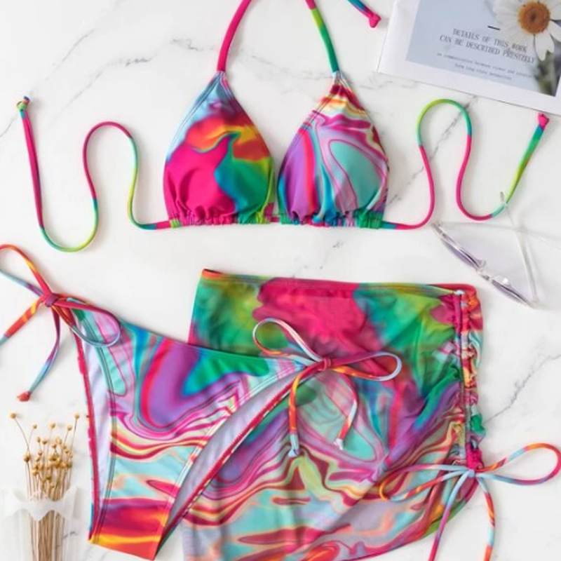 European And American Tie-dye Printing Split Bikini Swimsuit Three-piece Suit