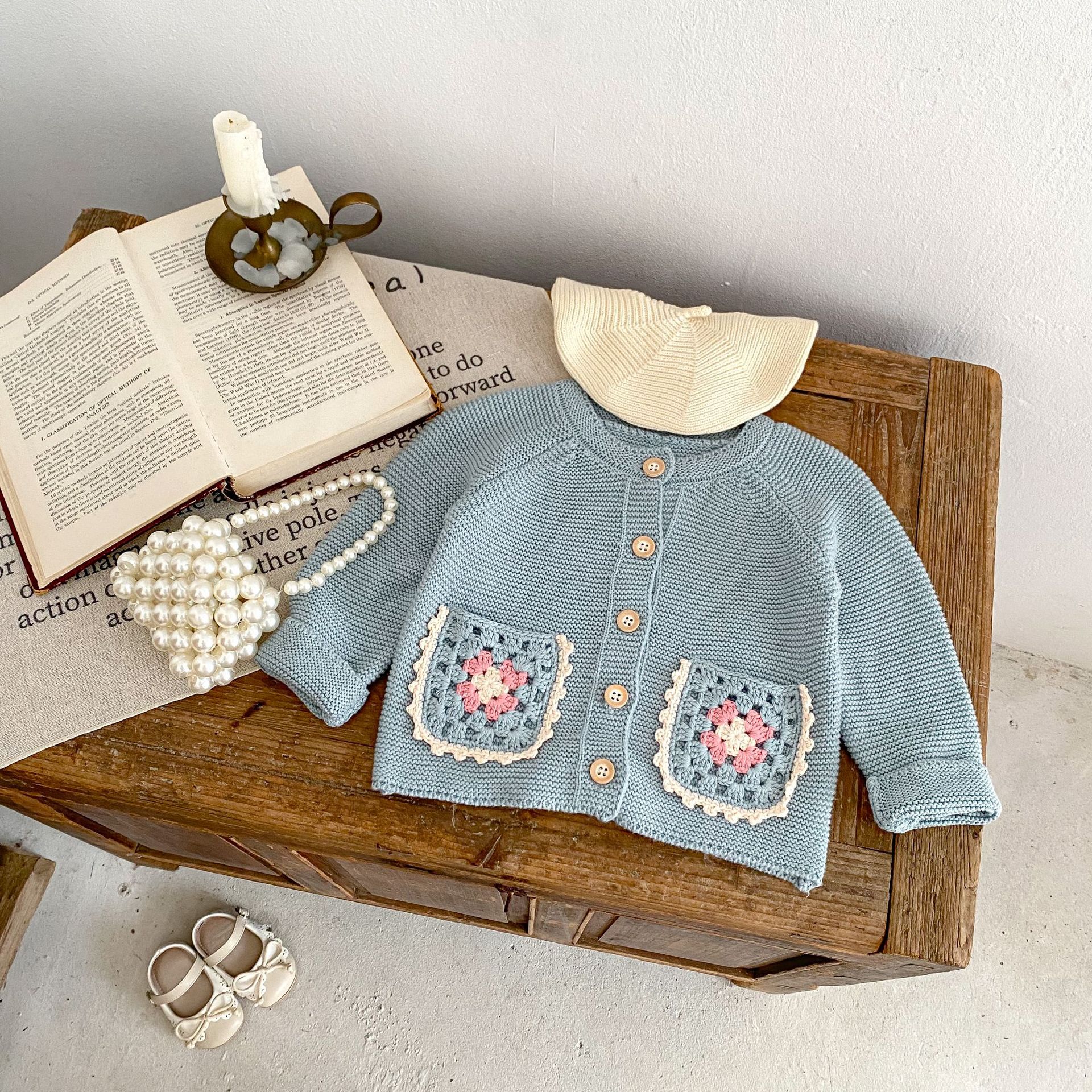 Children's Round Collar Sweater Cardigan Hand Crochet Hollow Flower Pocket Coat