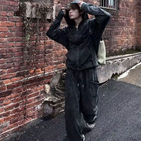 Niche Heavy Industry Washed Distressed Hooded Zipper Sweatshirt Casual Pants