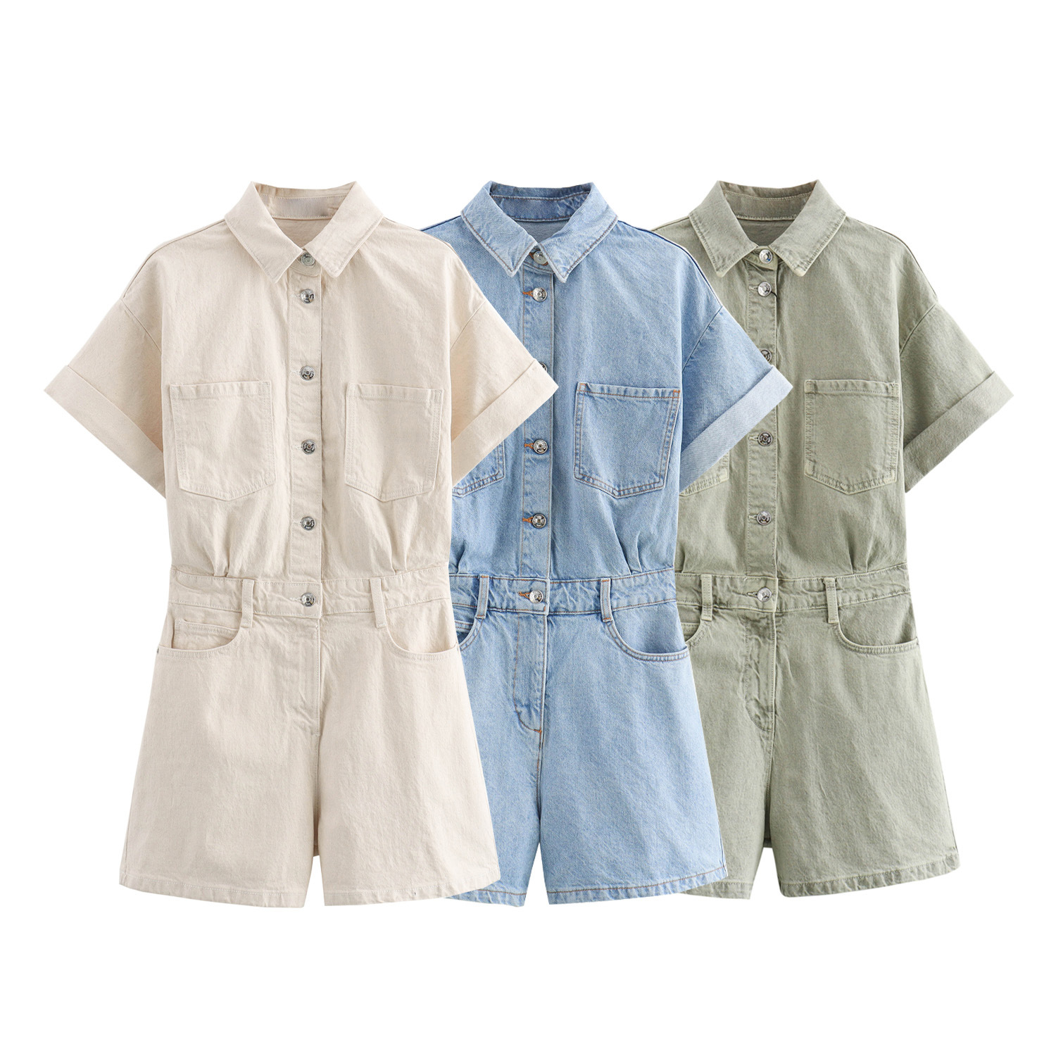 Lapel Multi-color Short Sleeve Denim Jumpsuit