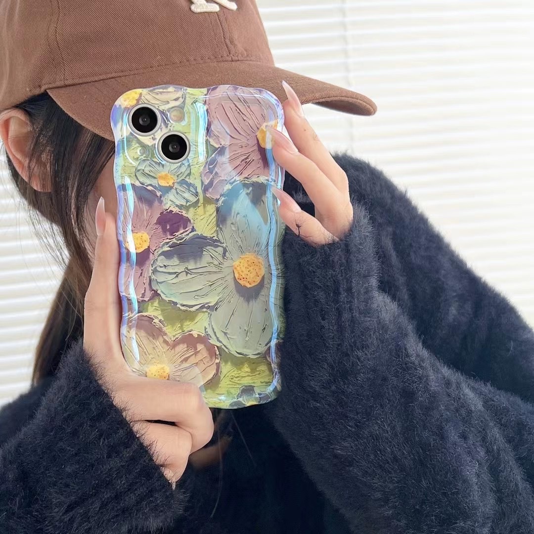 Retro Oil Painting Phone Case Blu-ray Flowers Shockproof Case For13 12 13pro 14pro 13 Pro Max Silicone Phone Cover