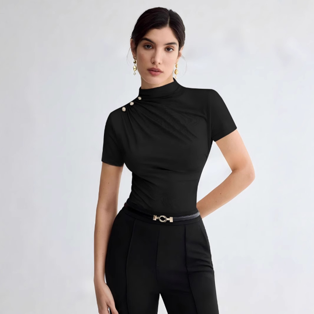 Women's Summer Solid Color Elegant Pleated Short Sleeves T-shirt