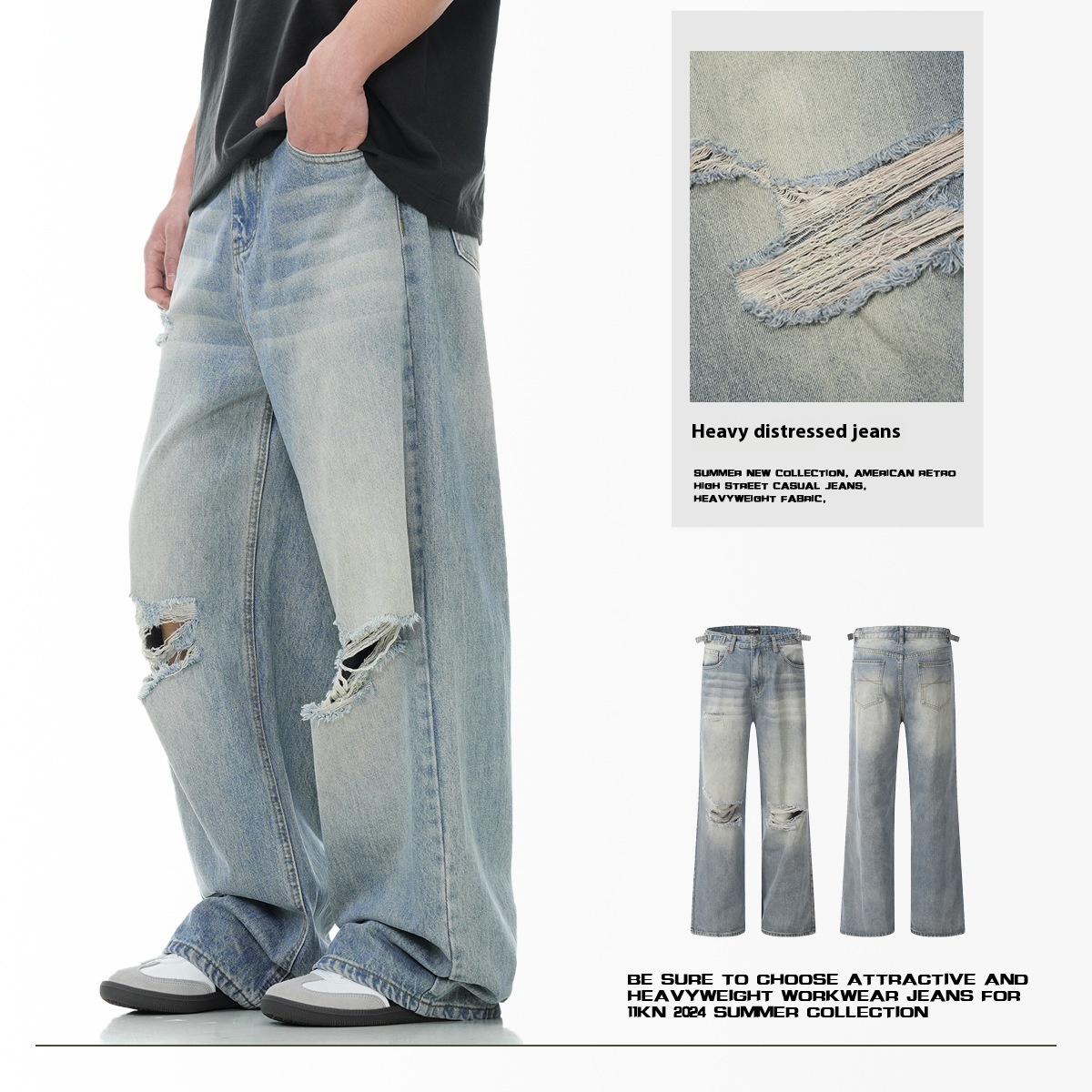New American Retro Summer Ripped Jeans Adjustable
