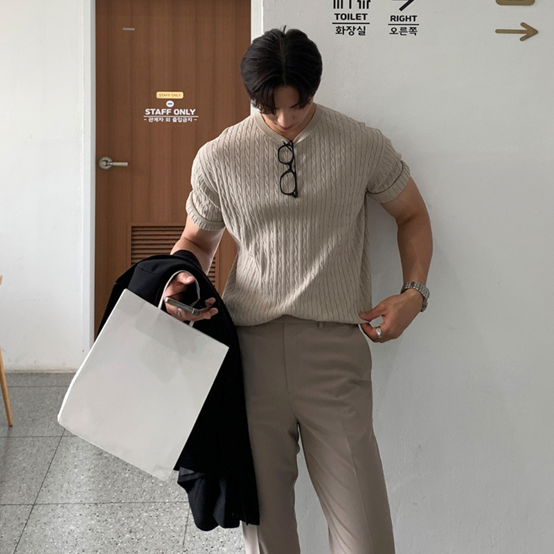 Casual Pure Color All-matching Knitted T-shirt For Men