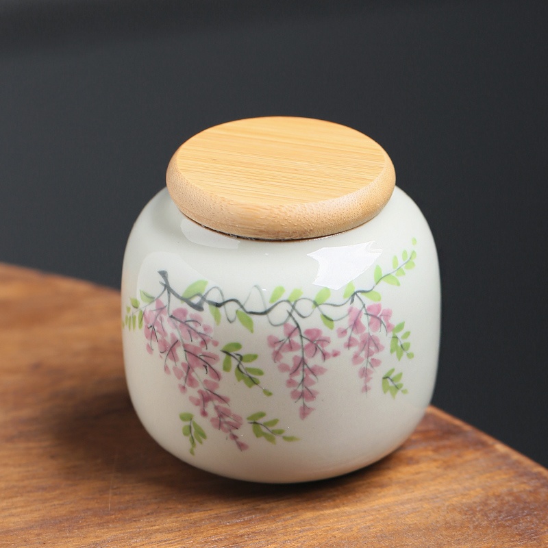Hand Painted Wisteria Flower Small Tea Jar Sealed Jar Ceramic