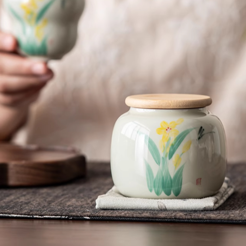 Wood Ash Hand Painted Orchid Tea Caddy Ceramic Underglaze Seal