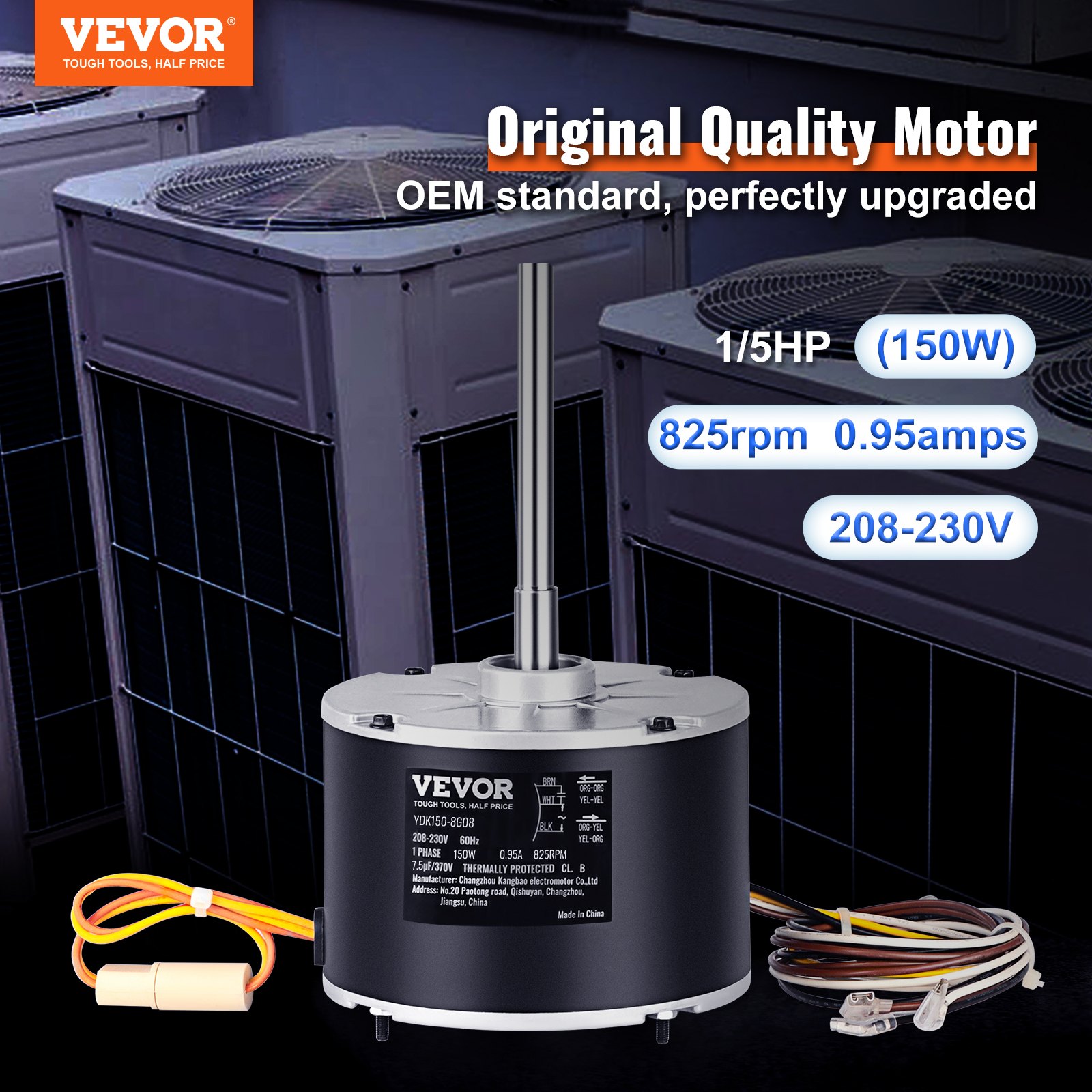 محرك مروحة مكثف VEVOR 5KCP39GFS166S، 3S003، 208 230 فولت، 825 دورة في الدقيقة، محرك مكثف بديل مطور قياسي من OEM، دوار عكسي،