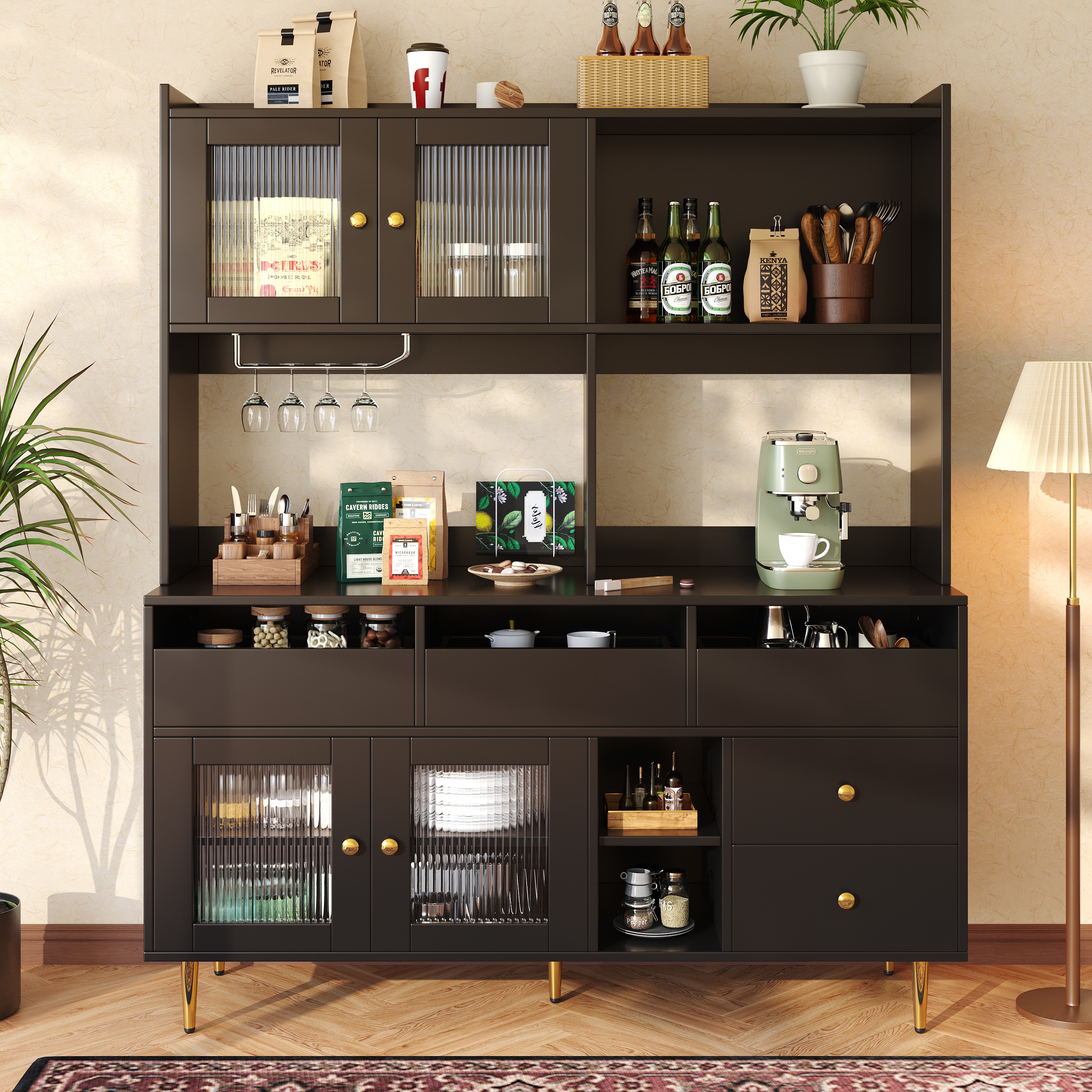 خزانة متعددة الأغراض مقاس 145 × 39 × 171 سم، تصميم عصري، مع باب زجاجي تشانغهونغ، حامل كأس نبيذ، مساحة تخزين متعددة الطبقات، لون أسود مع زخرفة ذهبية، مناسبة للمنزل والمطعم